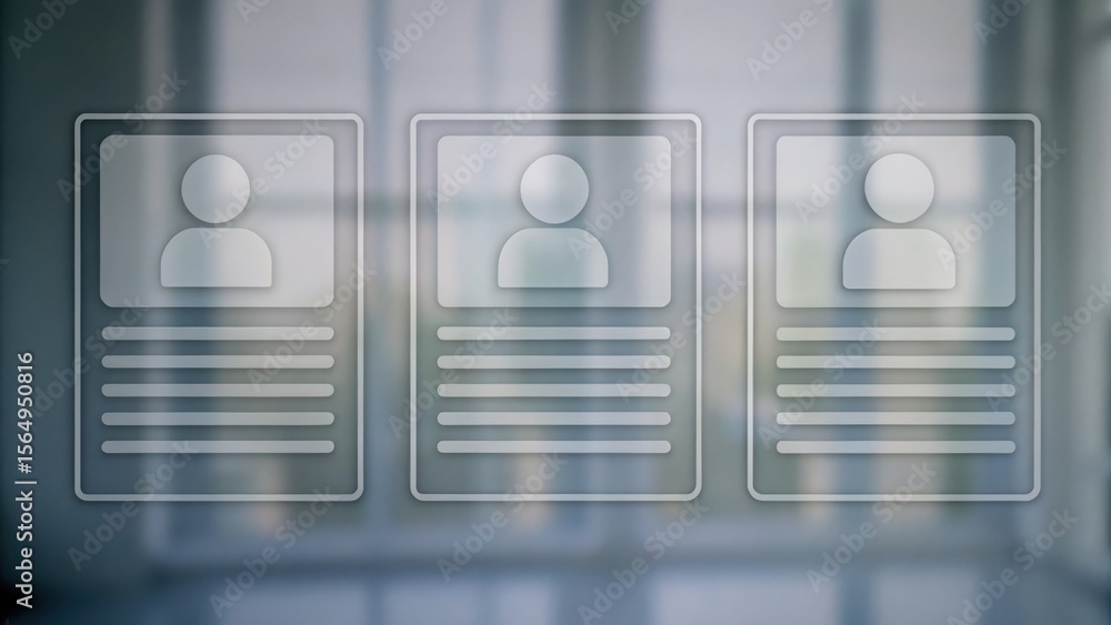 Fototapete three digital profile icons with user silhouettes and text lines on a blurred office background.