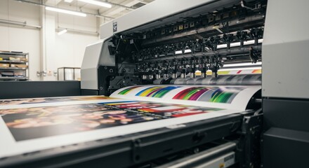 A printing machine in action, producing high-quality prints. Ideal for use in advertising, publishing, and graphic design