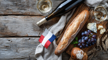 French Bastille Day table with wood texture, wine, grapes, and simple decor celebrating heritage with gourmet charm