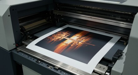 A printing machine in action, producing high-quality prints. Ideal for use in advertising, publishing, and graphic design