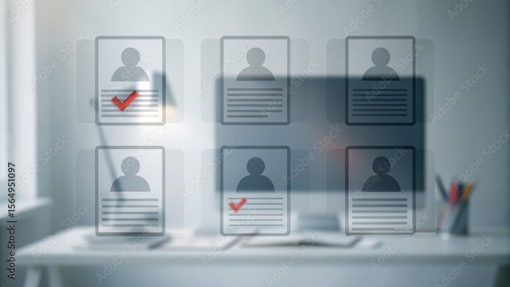 Poster digital profiles with check marks are displayed in front of a blurred office desk, representing onli