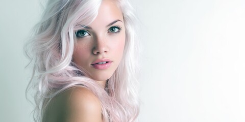 Fototapeta premium Stunning blonde model portrait. Pastel pink hair, soft lighting. Ideal for beauty, fashion, haircare ads.