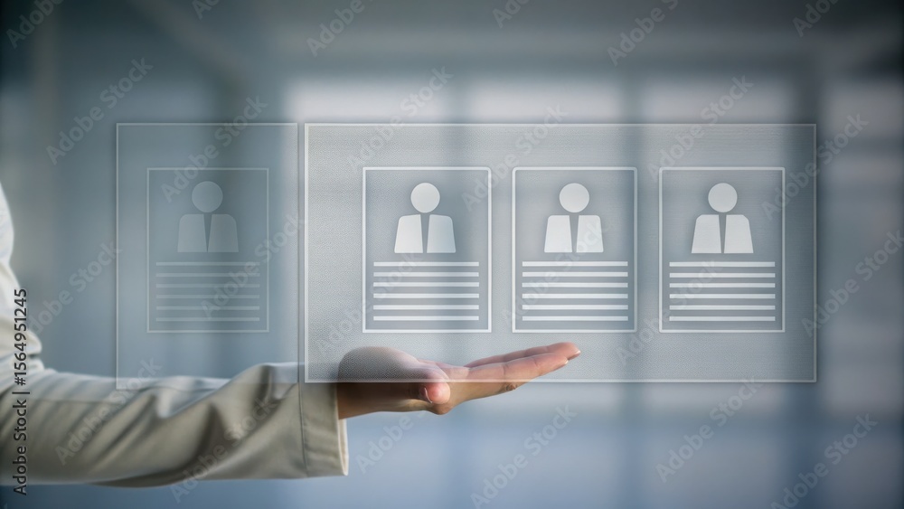 Poster a person holds out their hand with digital icons of resumes or profiles displayed above it in a virt