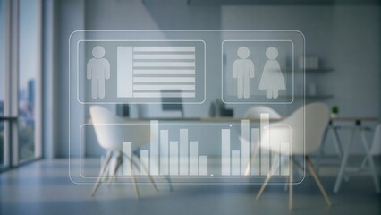 A transparent digital dashboard with demographic and bar chart data overlays a modern office meeting room.