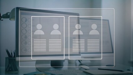 A computer screen displays digital profiles with icons and text, suggesting an online recruitment or data management interface.