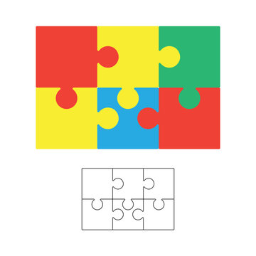 Jigsaw puzzle background, blank 2x3 puzzle template, colorful isolated on white, vector illustration.