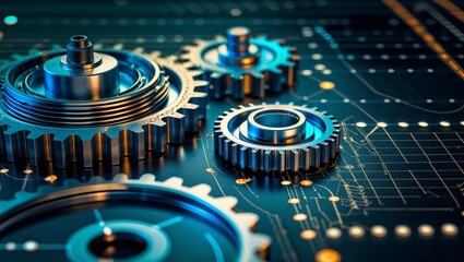 Close up of gleaming steel gears on a blueprint background evokes engineering and mechanical themes.