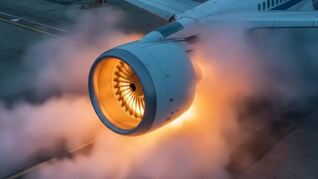 Jet engine igniting with dramatic flames and smoke during a test run on the runway at sunset