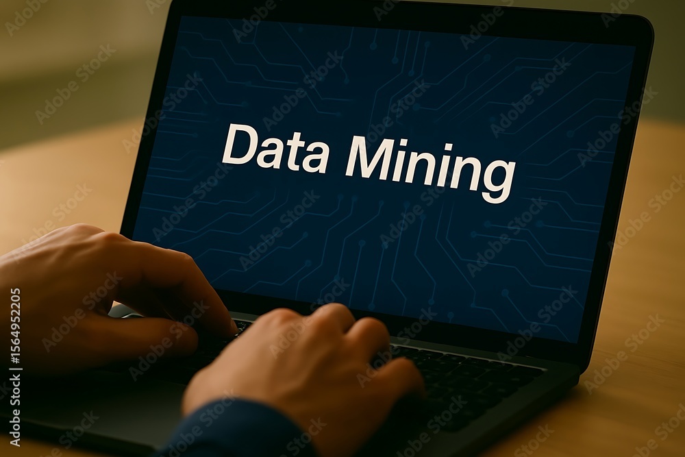 Poster person s hands typing on a laptop displaying the words data mining with circuit board background
