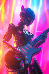 Weiblicher humanoider Roboter, Cyberpunk spielt E-Gitarre auf einem Rockkonzert, Generative AI