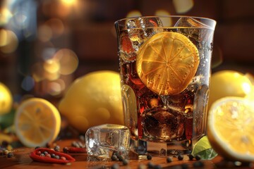 vibrant picture of glass of cola or coke with ice cubes, slices of lemon and pepper