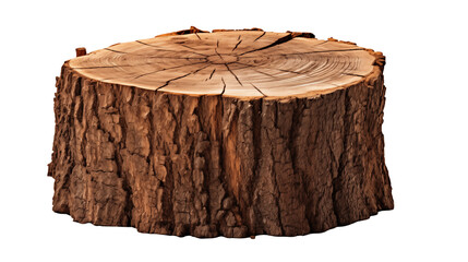 Rustic tree stump shows wood grain and bark texture isolated on transparent background