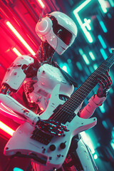 Weiblicher humanoider Roboter, Cyberpunk spielt E-Gitarre auf einem Rockkonzert, Generative AI