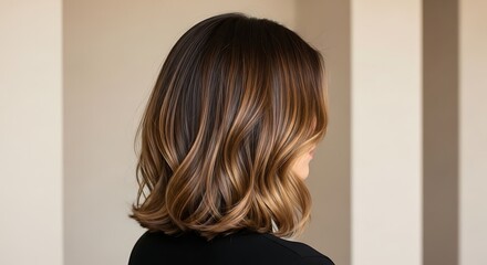 Brunette woman with balayage hair, medium length wavy hairstyle