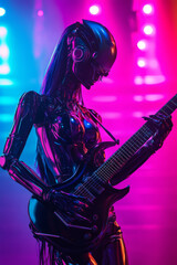Weiblicher humanoider Roboter, Cyberpunk spielt E-Gitarre auf einem Rockkonzert, Generative AI