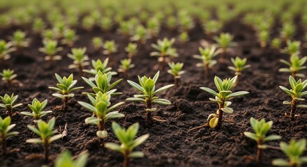 Close-up of Sprouting Plants in Dark Soil