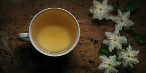 Serene Herbal Tea Cup on Rustic Wood with Flowers