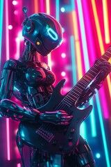 Weiblicher humanoider Roboter, Cyberpunk spielt E-Gitarre auf einem Rockkonzert, Generative AI