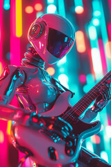 Weiblicher humanoider Roboter, Cyberpunk spielt E-Gitarre auf einem Rockkonzert, Generative AI