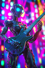 Weiblicher humanoider Roboter, Cyberpunk spielt E-Gitarre auf einem Rockkonzert, Generative AI