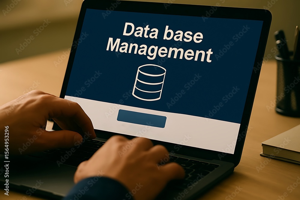 Poster person s hands typing on a laptop displaying database management and a cylinder icon