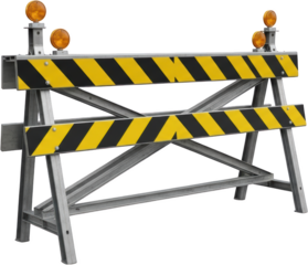 Heavy duty metal road barrier with prominent yellow and black diagonal stripes two bright warning lights Transparent