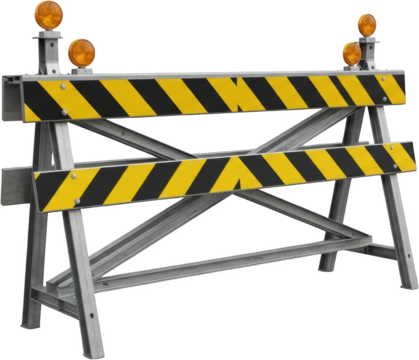 Heavy duty metal road barrier with prominent yellow and black diagonal stripes two bright warning lights Transparent
