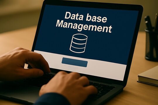 Person s hands typing on a laptop displaying database management and a cylinder icon