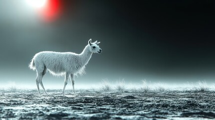 White Llama in Foggy Field