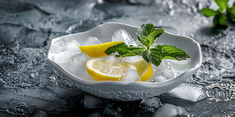 Lemon slices and fresh mint leaves on ice in a white ceramic bowl for a refreshing presentation

