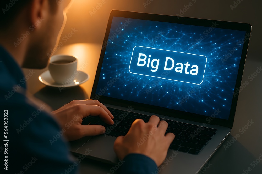 Poster man working on laptop with big data visualization and a cup of coffee