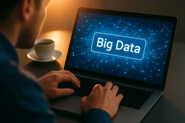 Man working on laptop with big data visualization and a cup of coffee