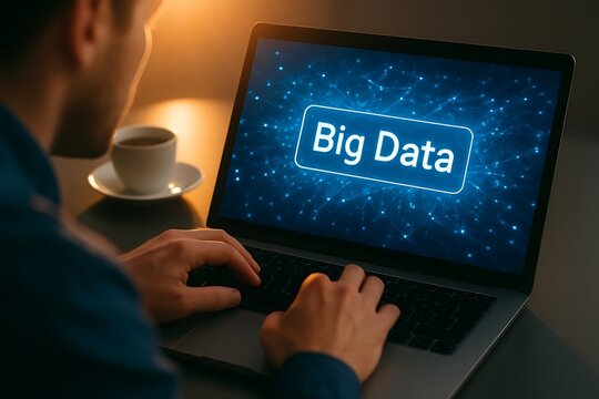 Man working on laptop with big data visualization and a cup of coffee - Powered by Adobe