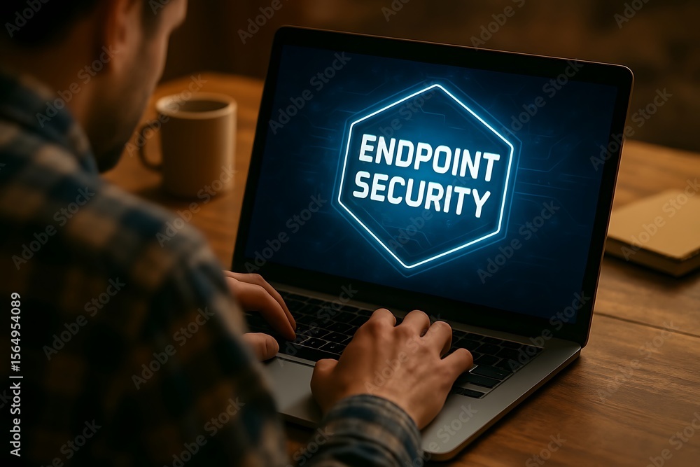 Poster person using laptop with glowing endpoint security text and hexagon symbol