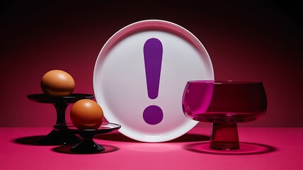 Modern food and design composition with eggs on black stands and exclamation mark plate on pink background

