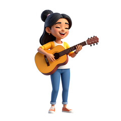 Obraz premium Girl with Guitar: A young, cheerful girl is lost in the music as she strums her guitar. The scene is a celebration of artistic expression, hobby, and the joy of playing.