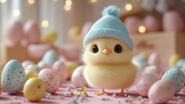 Cute chick in hat with easter eggs