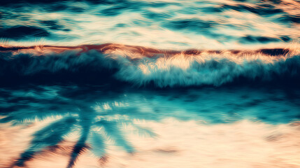 Turquoise ocean waves glisten under golden sunlight, revealing white sand with distant palm tree silhouettes in a tropical scene.
