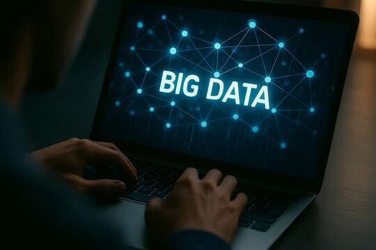 Person typing on a laptop displaying the words big data with a network graphic