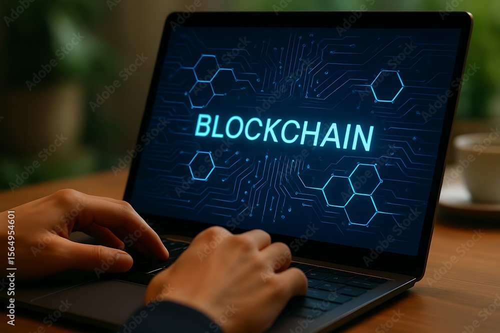 Poster person typing on laptop displaying blockchain technology and network connections
