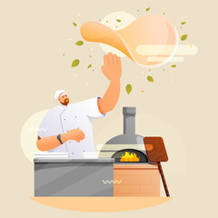 cartoon pizzaiolo making pizza dough in pizzeria, vector illustration