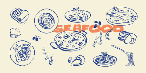 Whimsical Mediterranean food doodles. Quirky icons of breakfasr and brunch meals in simple crayon and sketch style. Trendy art for menus and dinner invitations. La dolce vita vector illustration