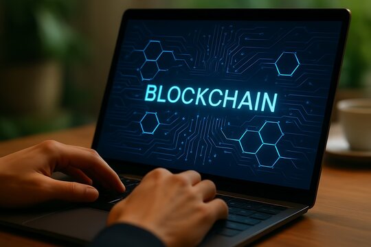 Person typing on laptop displaying blockchain technology and network connections