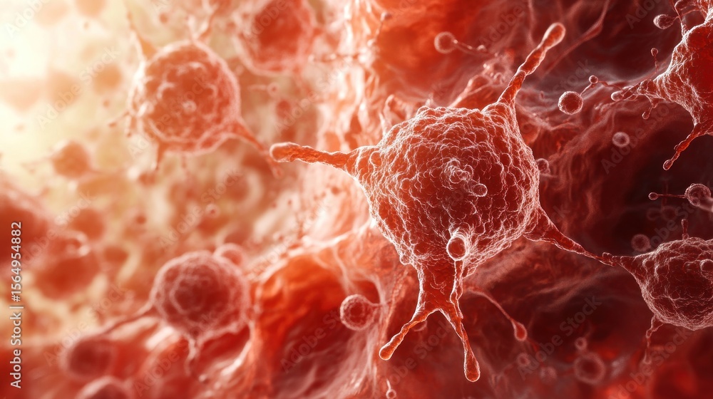 Poster microscopic view of viruses and cells, showing intricate details of their structure and motion.