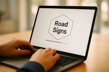 Person typing on laptop displaying road signs and loading bar graphic