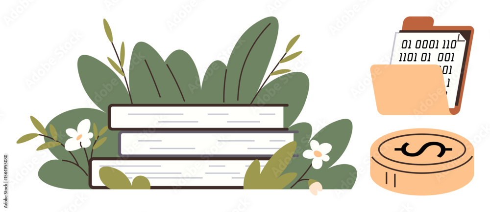 Poster books with foliage, digital folder of binary code, and coin symbolize knowledge, finance, and techno