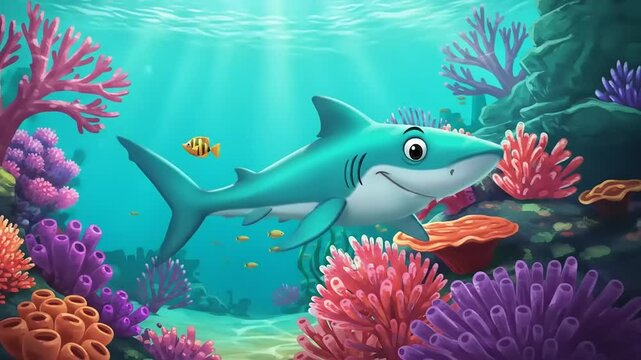Colorful underwater scene featuring a friendly cartoon shark swimming among vibrant coral reefs