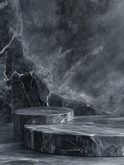 sharp picture of dark grey flat marble stone podium stand for cosmetics and product display on abstract grey stone background high detail 8k