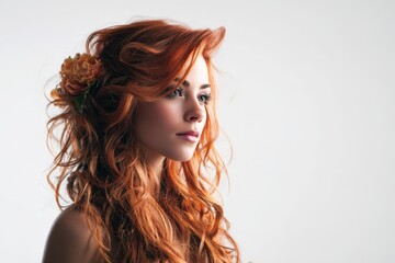 Fototapeta premium Stunning redhead woman with curly hair and flower. Elegant beauty portrait. Ideal for beauty, fashion, and haircare advertising.