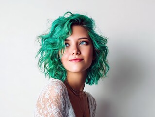 Stylish portrait of a young woman with vibrant green short curly hair. Ideal for fashion, beauty, and hair styling websites.